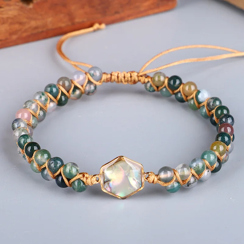 Bohemian Vintage Hand Woven 4mm Indian Agate Beaded Bracelet For Women Natural Stone Entangled Adjustable Rope Yoga Bracelet