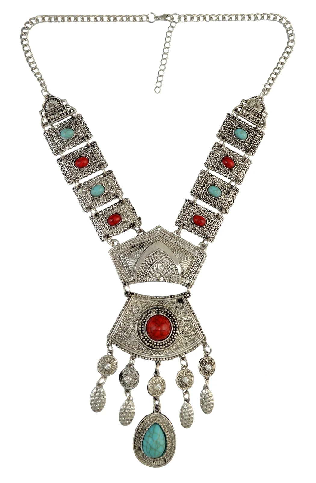 Vintage Ethnic Bohemian Silver Metal Statement Necklace Thread Leaves Tassels Jewelry Choker Necklace