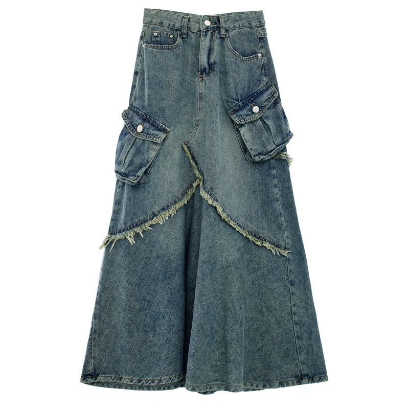 High quality custom patchwork raw edge denim skirt 2024 new designer work skirt high waist long A-line skirt