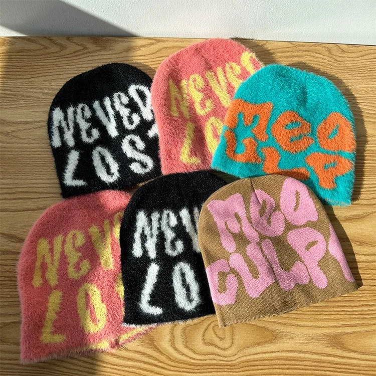 Beanies With Custom Logo All Over Print Designer Unisex Graphic Jacquard Mohair Knit Winter Beanie Hats