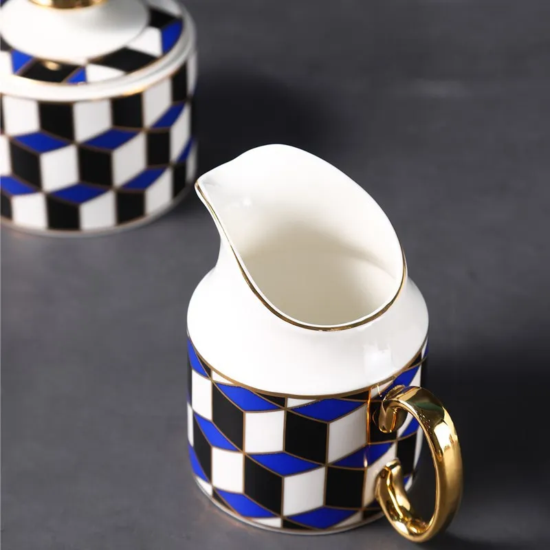 2023 Light Luxury Mug Set Gift Box Blue Geometry Ceramic Coffee Tea Pot And Cups Sets