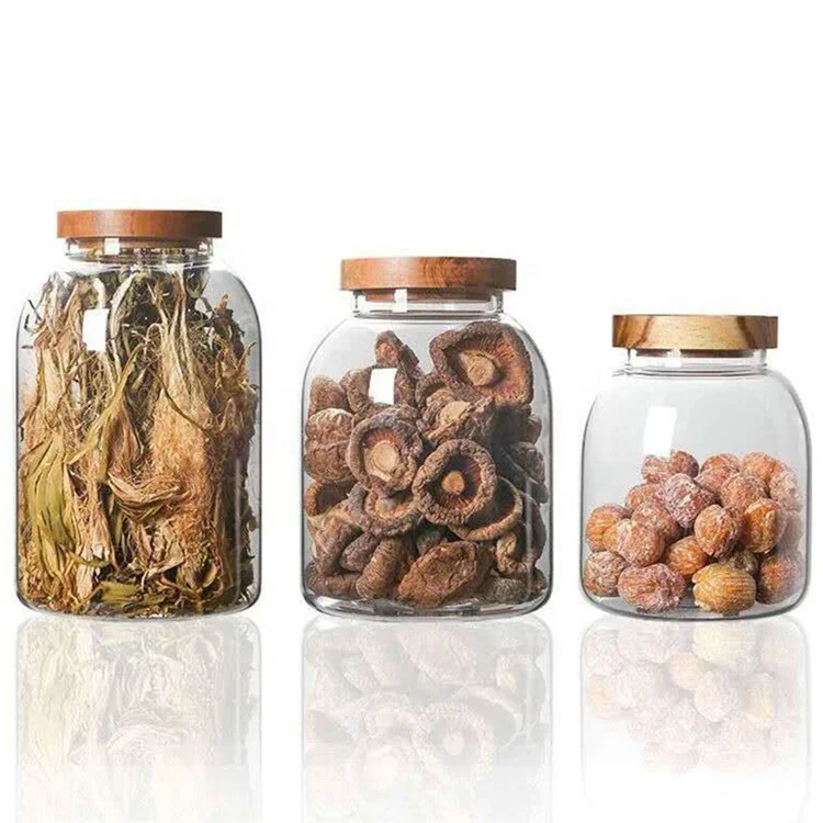 Airtight empty 1200ml 2000ml 2500ml large size food grade glass jars bottles with Acacia wood cover