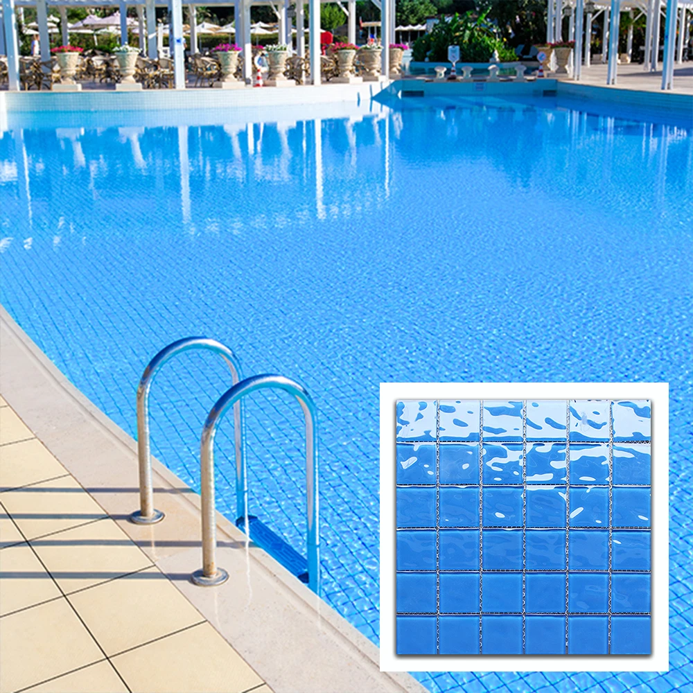 Foshan Factory Price Mosaic 300x300 Blue Glass Mosaic Waterline Blue Price Tile Floor Outdoor Swimming Pools For Hotel Villa