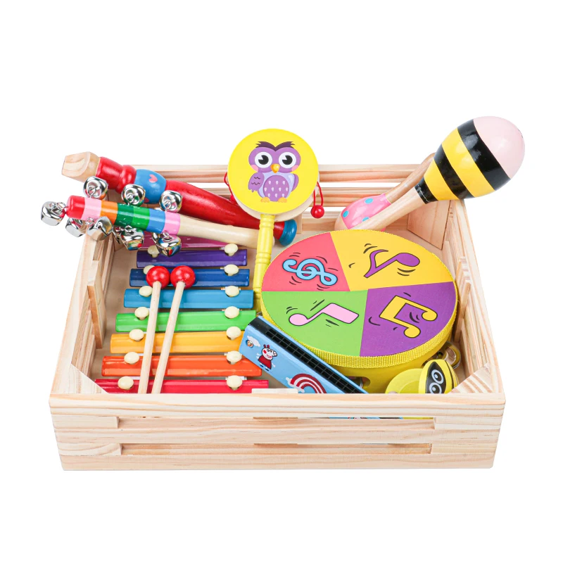 Wooden 9 Pieces Plush Rattle Toy Baby Music Percussion Instrument Educational Toys For Kids Musical Hammer