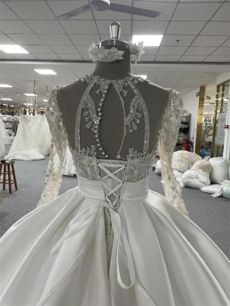 Vestido De Novio Brand African Big Ball Gown Wedding Dresses Long Sleeve Crystal Bridal Dress Dubai Style Bridal Wear