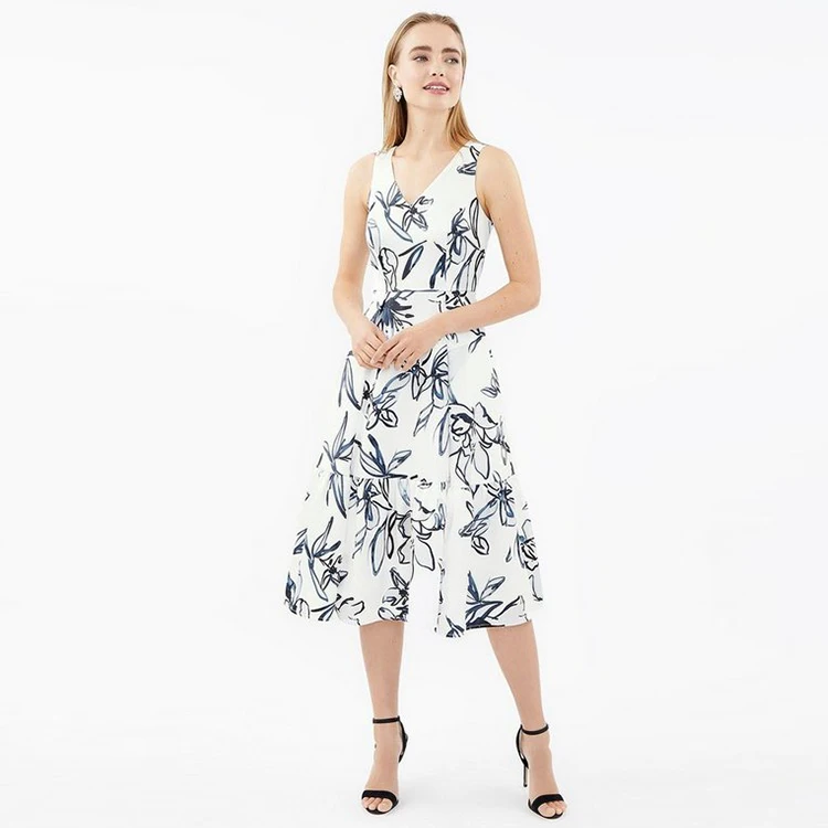 Высококачественная юбка-клеш Weixin с принтом и V-образным вырезом саржевое элегантное платье без рукавов подолом женская одежда