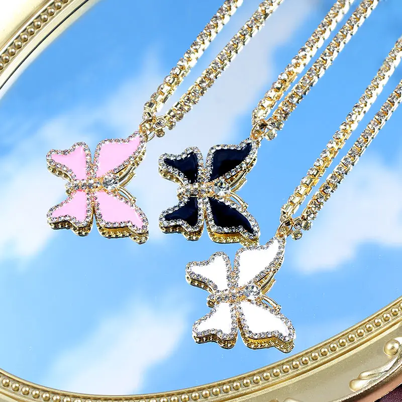 
2020 New Korea Fashion Jewelry Shiny Iced Out Rhinestone Tennis Chain Choker Colorful Enamel Crystal Butterfly Pendant Necklace 