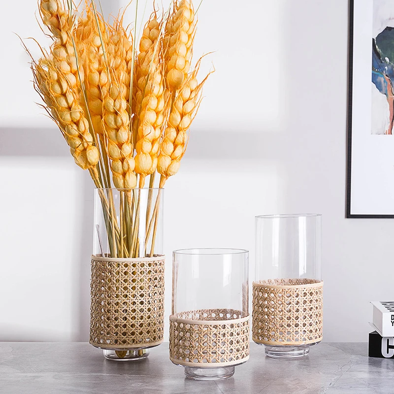 Cylinder Garden Rustic Clear Transparent Weave American Style Bud Flower Arrangement Glass Rattan Vase