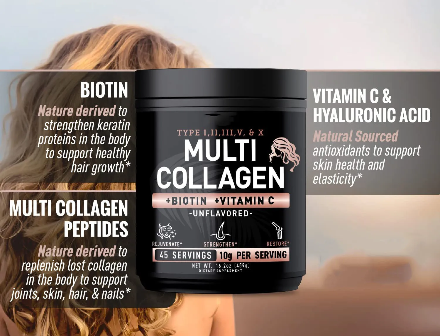 Wholesaler OEM best selling Sugar free Multi Collagen Peptides Protein Powder with Vitamin C powder for Hair Skin and Nails