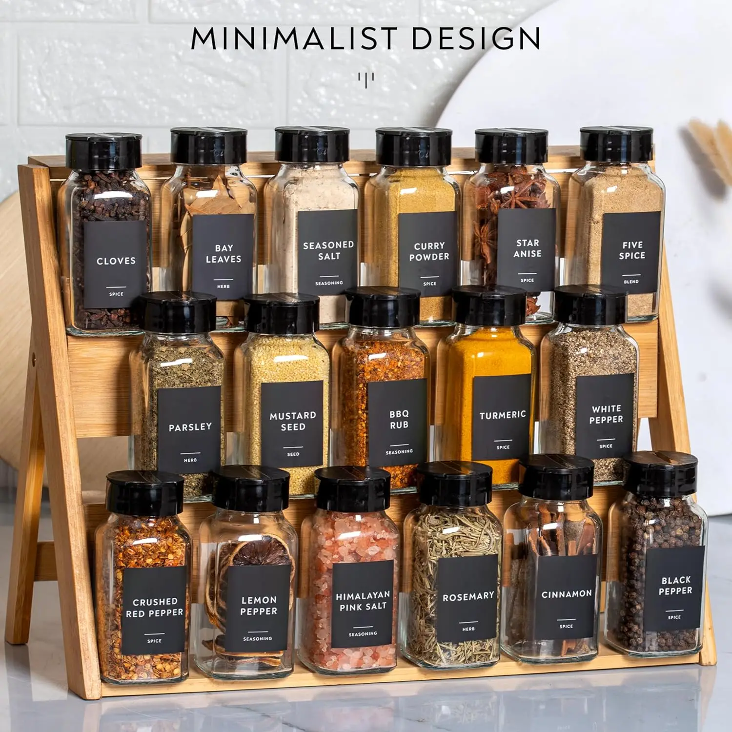 Glass Jars with Minimalist Black Spice Labels, Black Plastic Shaker Lid Dispenser White Chalk Marker Cleaning Brush and  Funnel