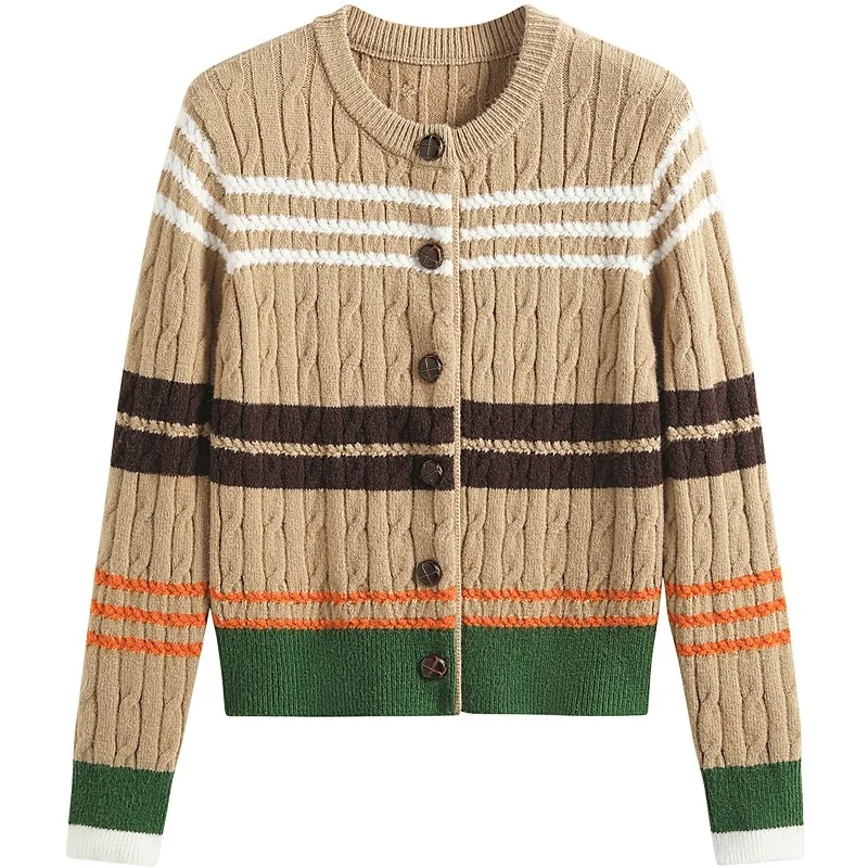 Fashionable Wool-blend Casual Women Crew Neck Jacquard Knitted Button Cardigan Geometric Pattern