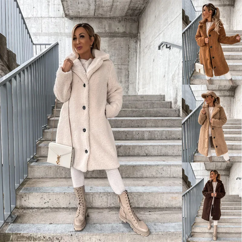 Faux Wool Women Coat Winter Warm Outerwear Fashion Teddy Plush Overcoats Female Chic Solid Single Breasted Streetwear Lady Coats