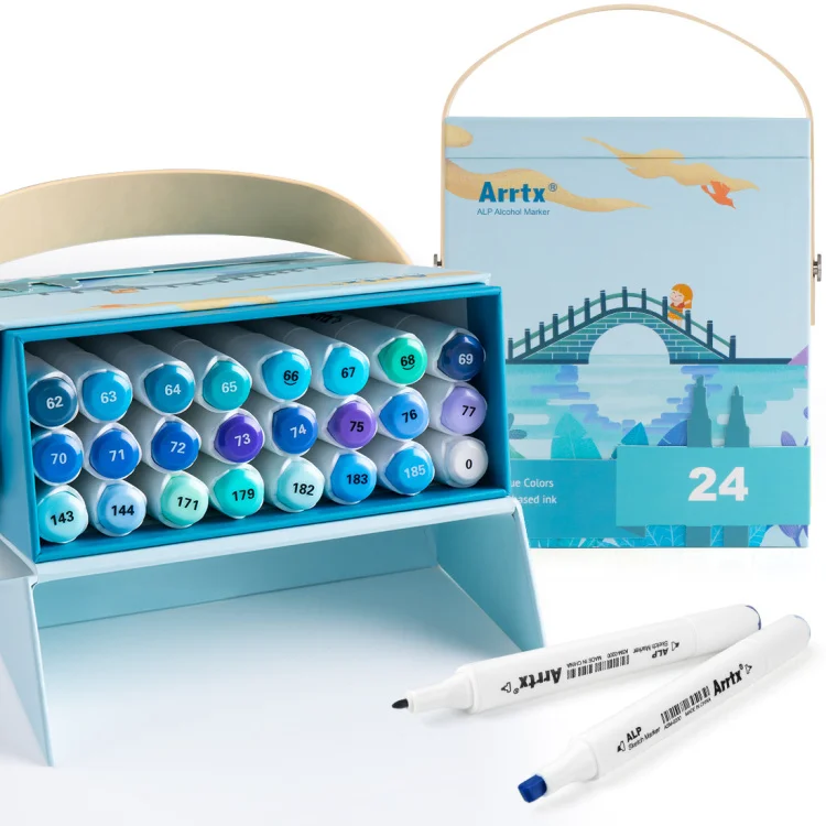 Arrtx Blue Tone 24Colors Alcohol Markers Dual Tips Marker Set for Adult Coloring Drawing Sketching