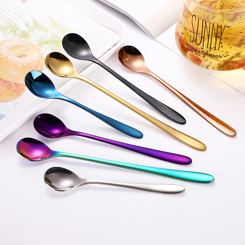 Customized Stainless Steel Rainbow Long Handle Coffee Spoon Dessert Spoon Cocktail Titanium Metal Spoon