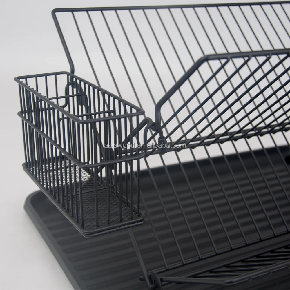 Black powder spraying wire 2 layer bamboo dish drainer storage holder rack