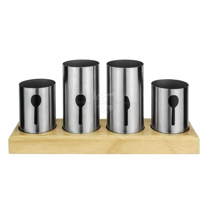 Metal Cutlery Holder Set Stainless Steel Flatware Bamboo Wood Base Forks Knives Spoons Dining Kitchen Cutlery Holder