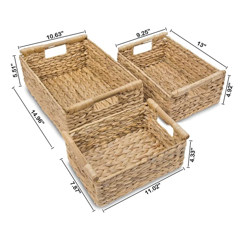 Eco Friendly Rectangular Water Hyacinth Woven Storage Baskets Panier For Organizing Straw Rope Woven Storage Baskets Set Of 3