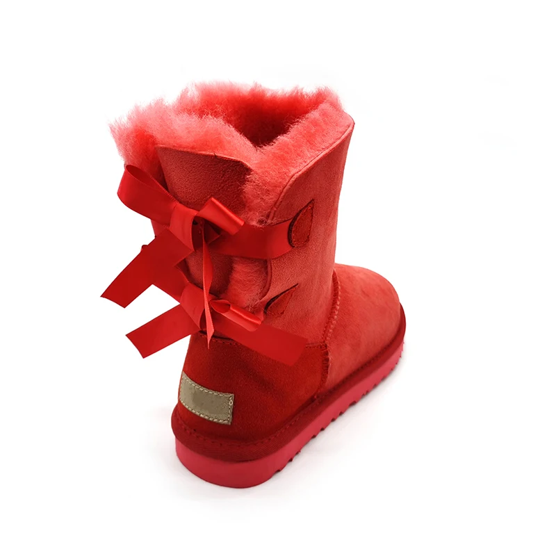 Зимние Детские женские ботинки с милым бантом, теплые зимние ботинки из искусственного овечьего меха