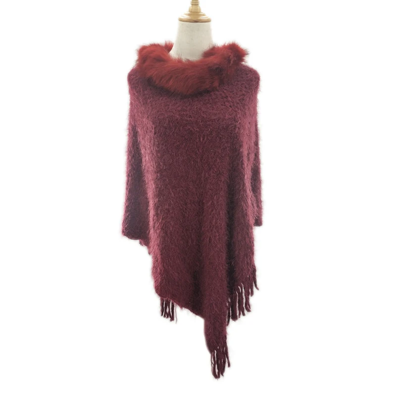 
Plain Knitted bat sleeve sweater Acrylic Woman shawl Elegant Western Bohemian Mexican solid color with fake fur ponchos 