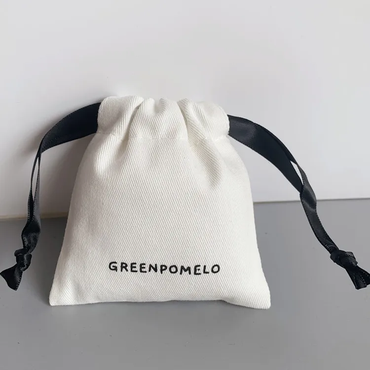 custom logo bleach white small gift dust storage packaging bag canvas jewelry pouch small canvas drawstring bag