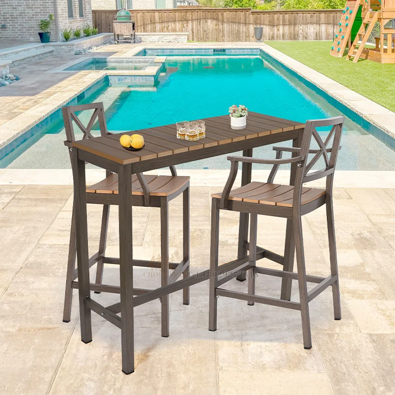 Outdoor Garden Bar Stool Restaurant Plastic Wood Furniture Set Terrace Bistro 2+1 Teak Colored bar Table bar Chairs