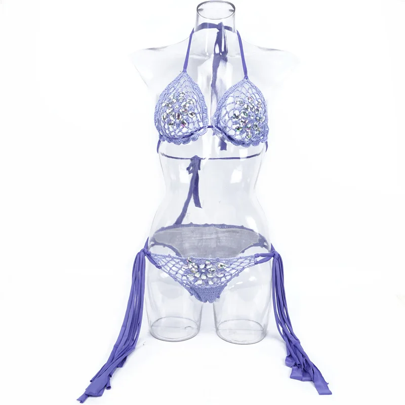 Swimwear Ladies Swimming Suit Set Sexy Women Mini Crochet Bikini Set with Crystal Brazilian Adults Solid Support Silver Bikini