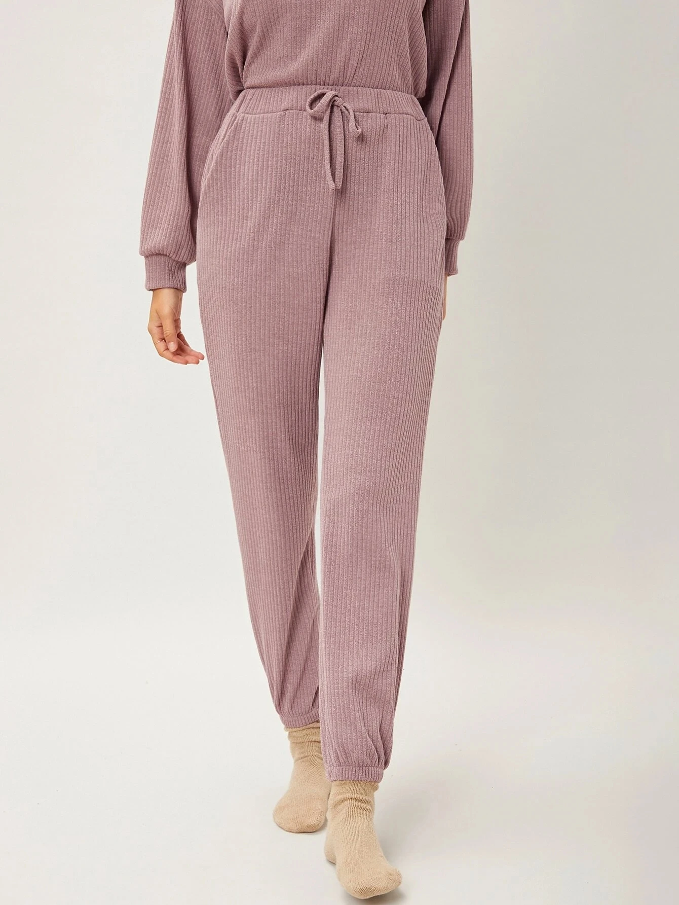 Spring Autumn Solid Pajama Women Drawstring Waist Casual Lounge Polyester Ribbed Knit Long Lounge Pants