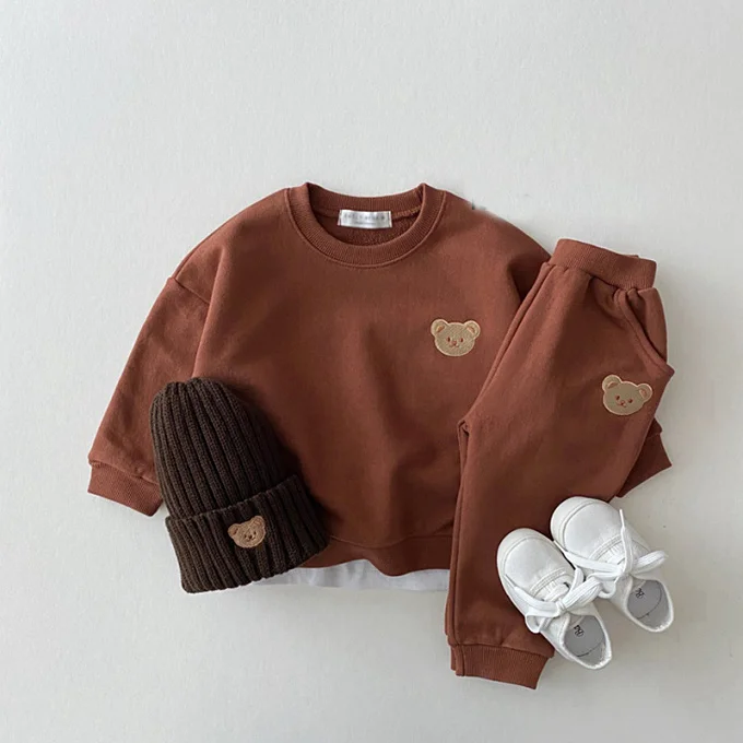 INS Newborn Toddler Tracksuit Long Sleeve Sweater+Pants 2pcs Set Unisex Baby Cotton Embroidery Bear Round Neck Leisure Outfits