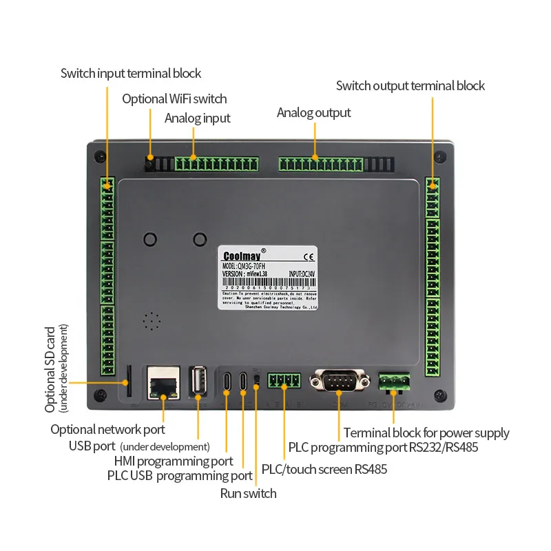 Coolmay QM3G-70FH-44MT-5AD2DA-485P HMI PLC Touch Screen RS232 RS485 Programmable Logic Controller