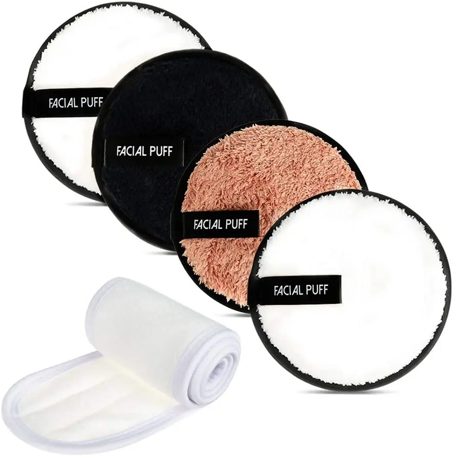 4 pcs Reusable Makeup Remover Pads Face Wipes Pad with 1 pcs Spa Facial Headbands