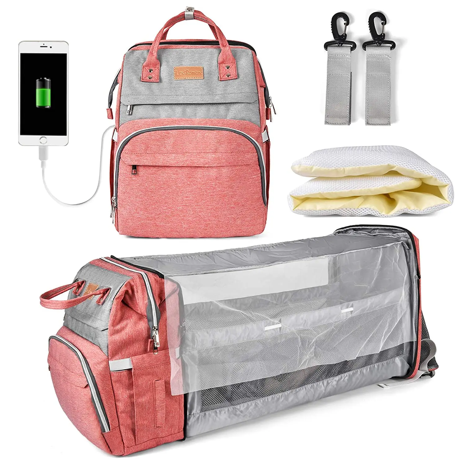 Backpack Anti-Mosquito Travel Waterproof Mummy Bag USB Rechargeable Stroller Straps Insulated Pockets Diaper Bag