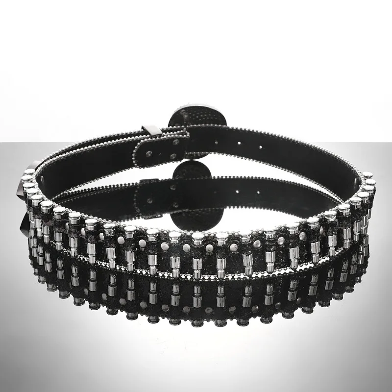 Halloween PU leather studded rivet black skull belt designer shiny punk heavy duty studded bullet rhinestone belts for cowboys
