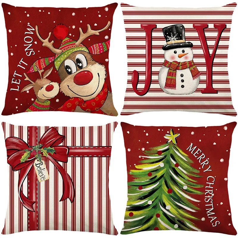 Holiday Decor Joy Cushion Case 45x45 cm Set of 4 Red Christmas Reindeer Pillow Covers