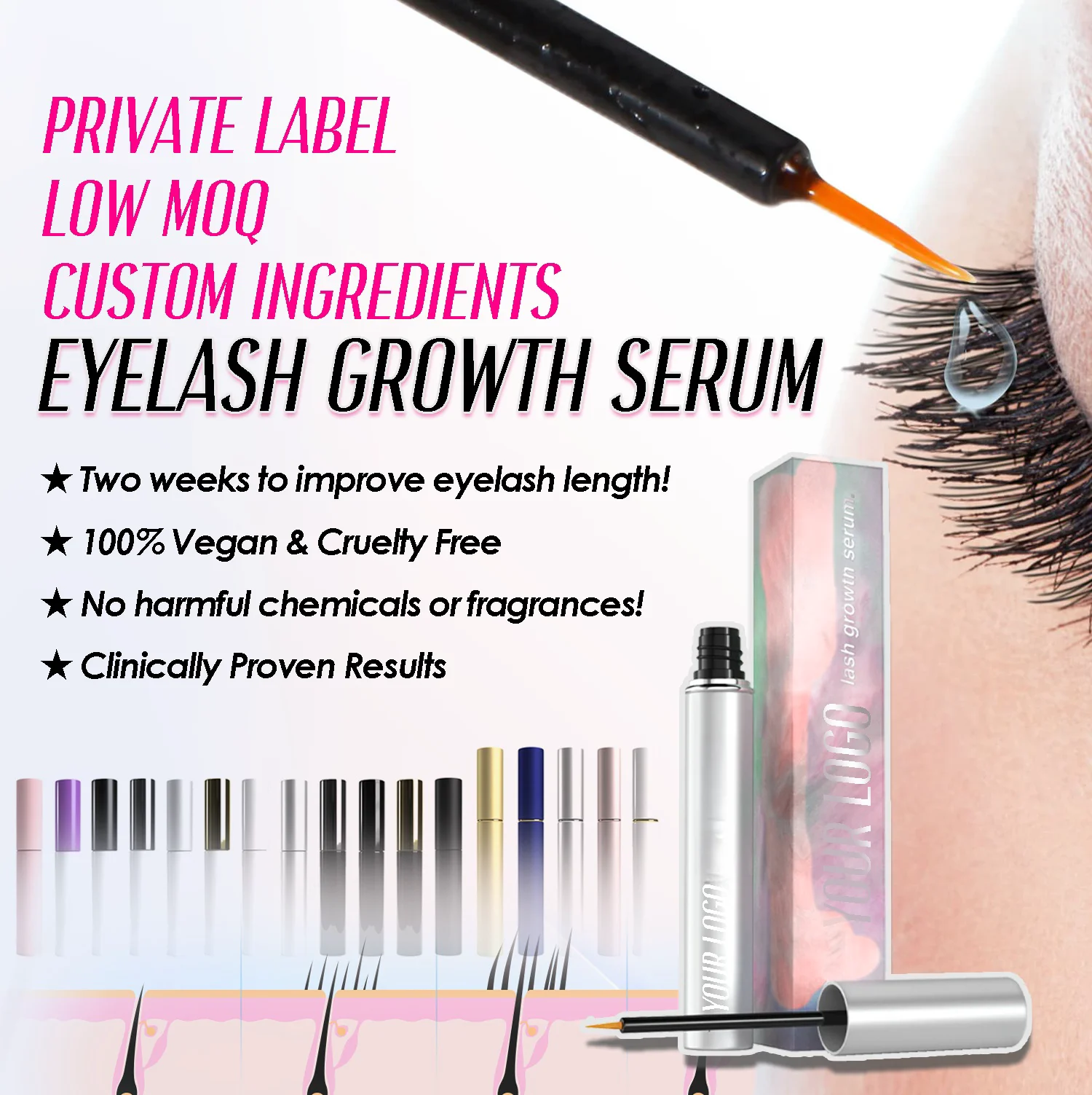 Allergy-free natural lash serum wholesale Private label 100% Organic eyelash and eyebrow growth serum oil-free Eyelash Enhancing