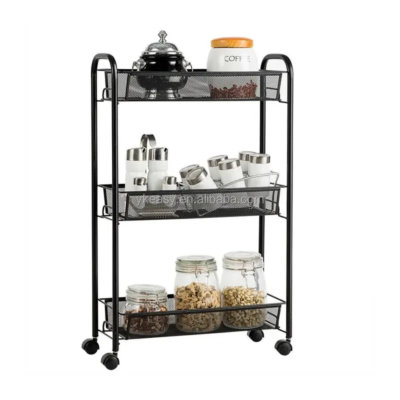 2-4 tier wire sliding slim rolling cart fruit sundries storage organizers cart mobile utility trolley cart with mesh baskets