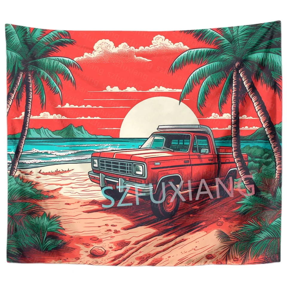 Coconut trees car Hawaiian sea scenery tapestry beach towel Home psychedelic hanging cloth bedroom decorative background wall