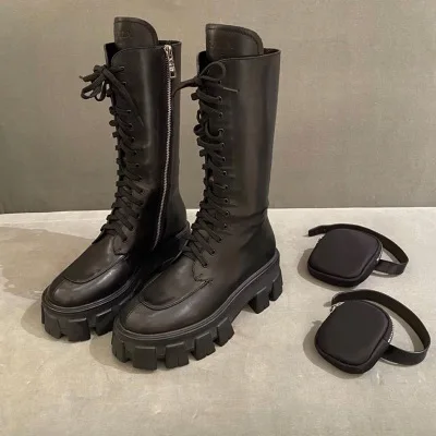 High Quality Genuine Leather Model Women Pocket Motorcycle Boots Platform Lace Up Thick-soled Knight Boots Shoes Women