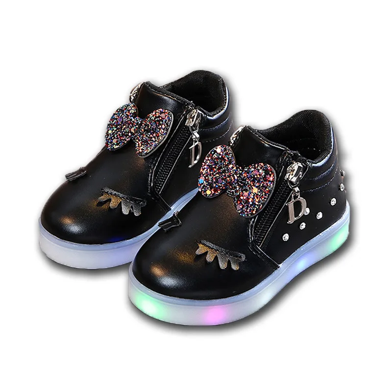 2022 Fashion Rhinestones Lights Kids Cartoon Bow Led Luminous Soft Bottom Girls Baby Shoes
