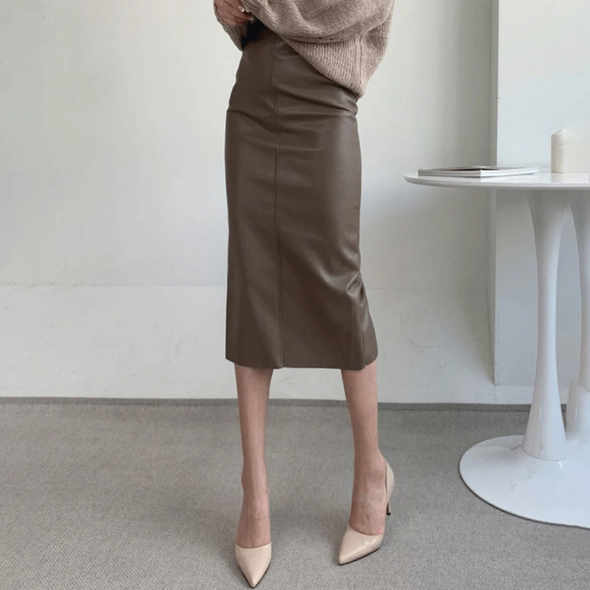 OOTN Elegant Black High-Waist Straight Midi Skirt For Women Autumn Winter Street Chic With Slit Leather Skirts Female 2024