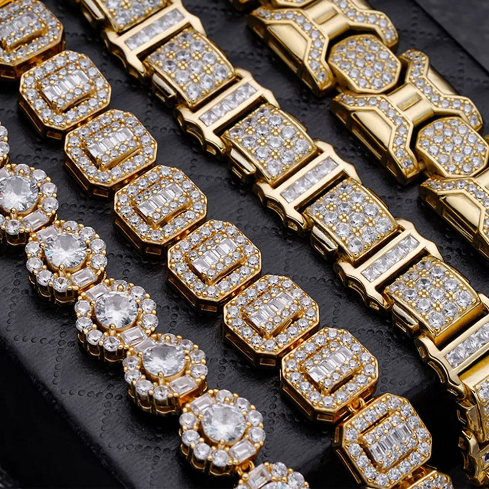 Hip Hop Jewelry 9.5mm Iced Out Zircon Diamond Bling Cluster Circle 925 Sterling Silver Tennis Chain Round Bracelet for men
