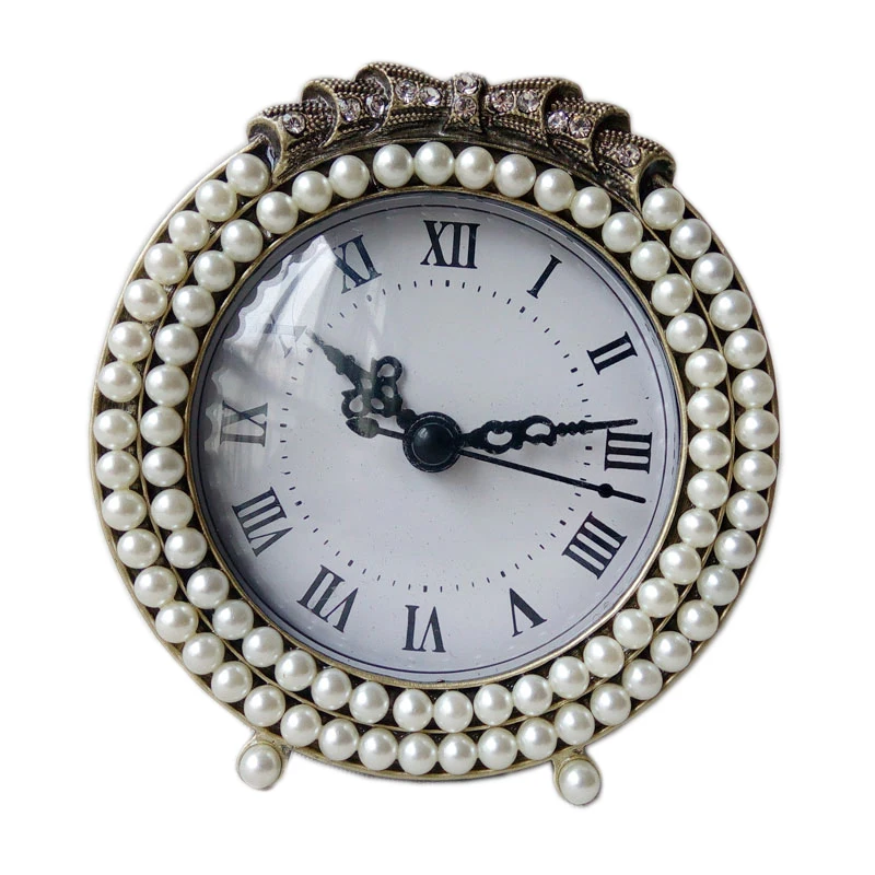 Round Antique Brass With White Pearls Jeweled Metal Zinc Alloy Tabletop Quartz Clock