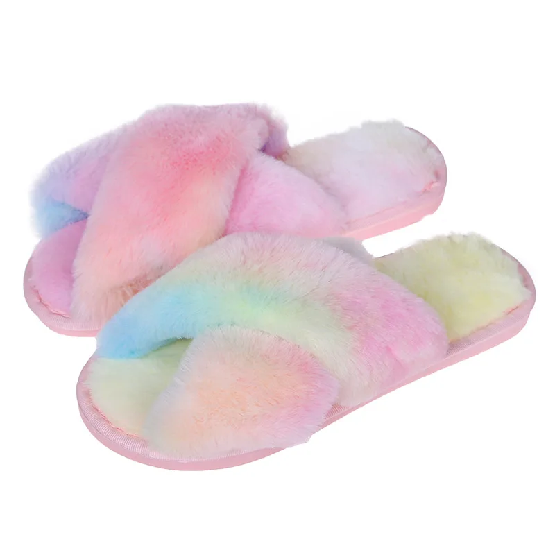 Cross Band Fuzzy Slippers Open Toe Comfy Soft Plush Rubber Sole House Indoor Outdoor Slip on Slipper Fur Slides for Womens