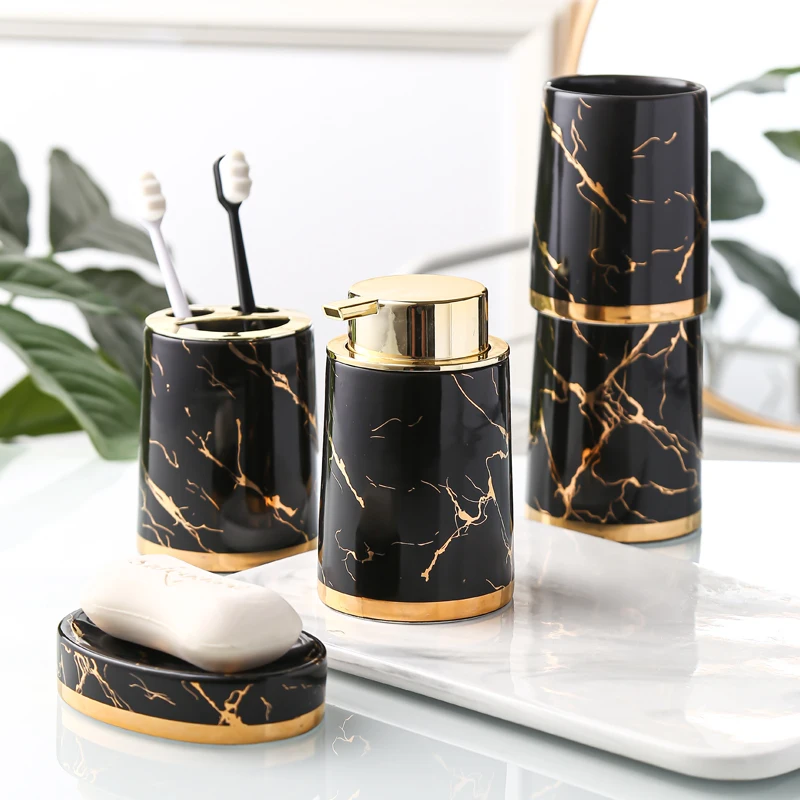 Light Luxury Ceramic Marble Bathroom Accessories Wash Set Dispenser Mouthwash Cup Toothbrush Holder Soap Dish Singleton