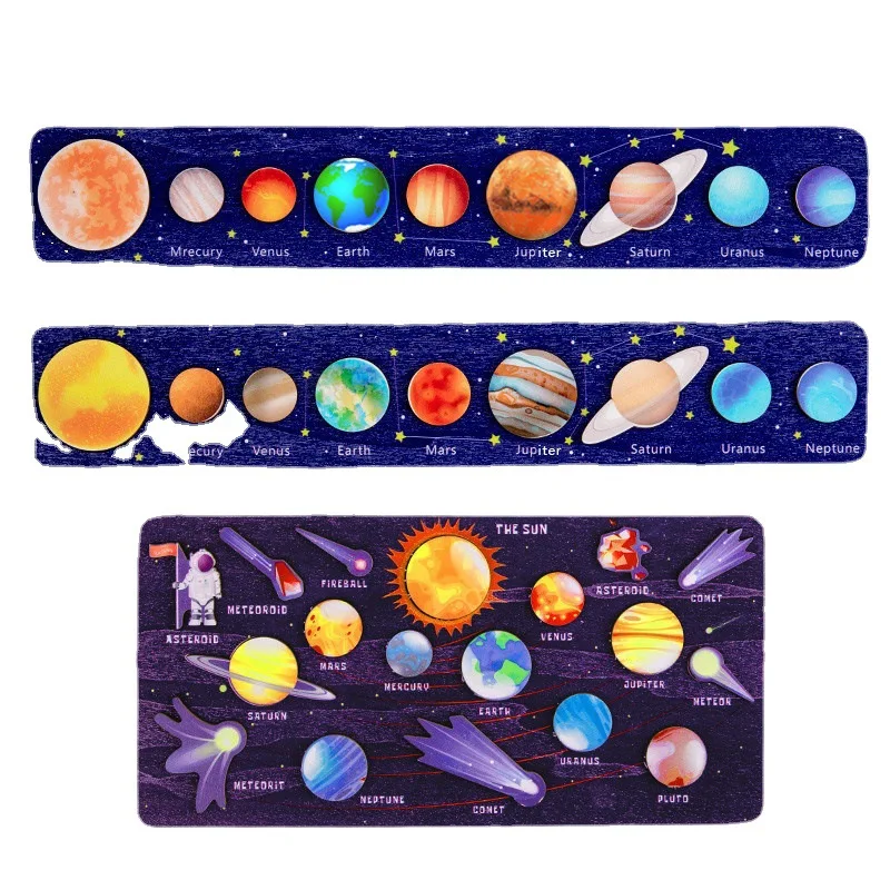 Wooden Educational 8 Planets Puzzle Board Game For Kids Solar System Cognition Learning Toys For Baby