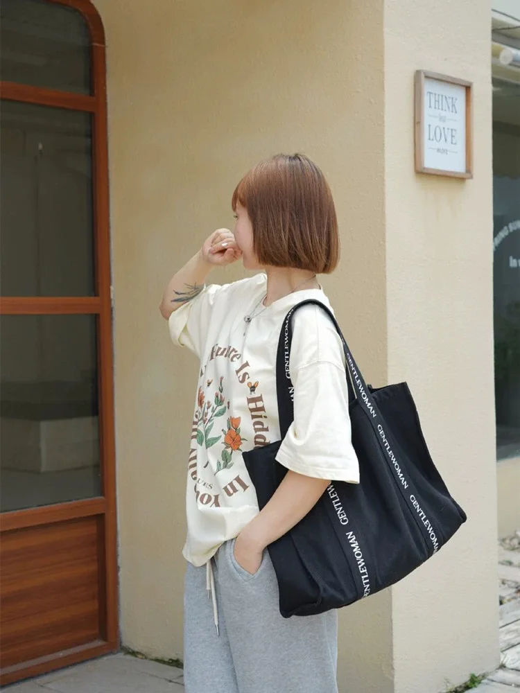 Custom Logo Large Gentle Women Gift Reinforced Handle Cotton Canvas Shoulder Tote Bag with Pocket