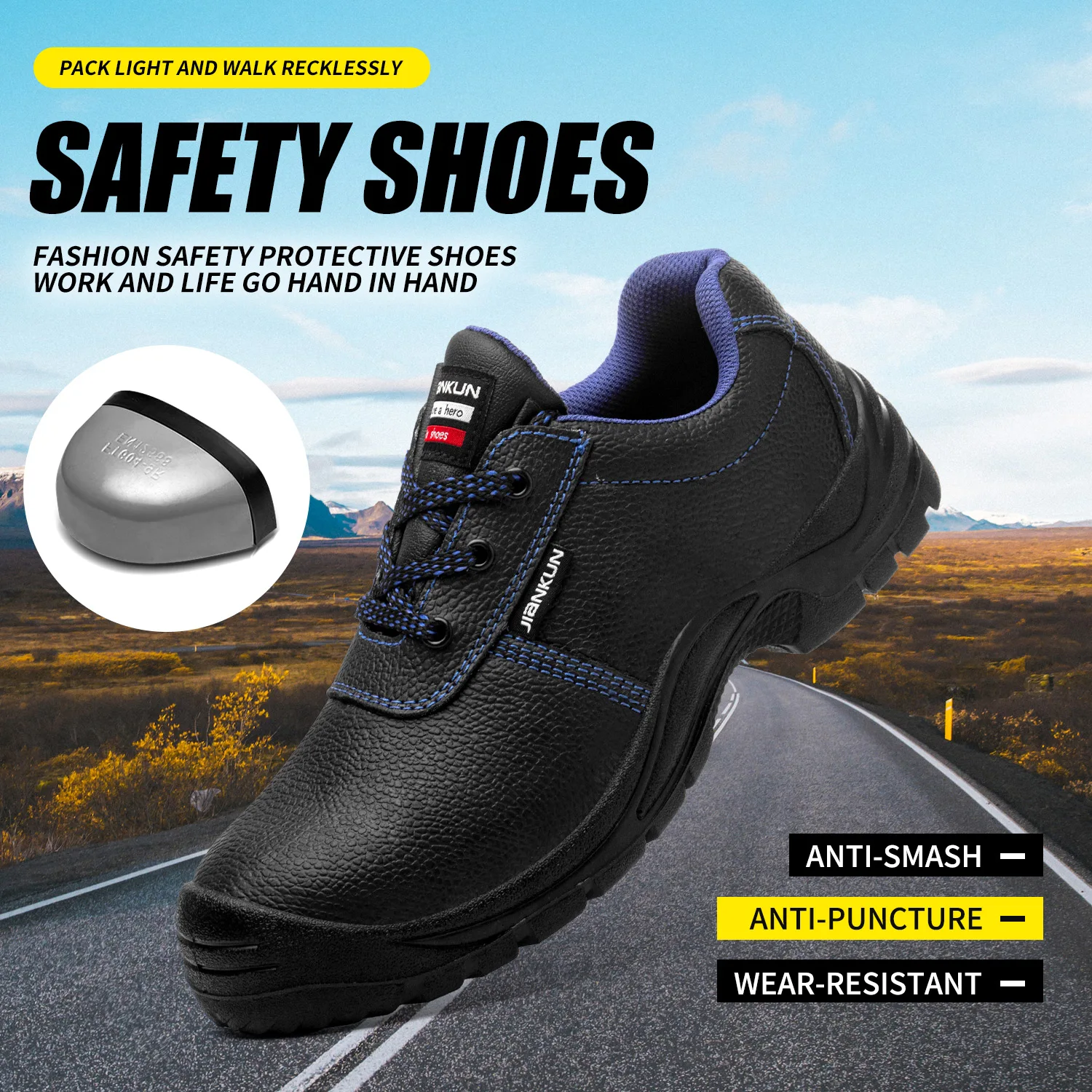 JIANKUN Industrial anti slip safety shoes for men    leather stainless steel toe rings Anti-Impact Protective Safety Feature