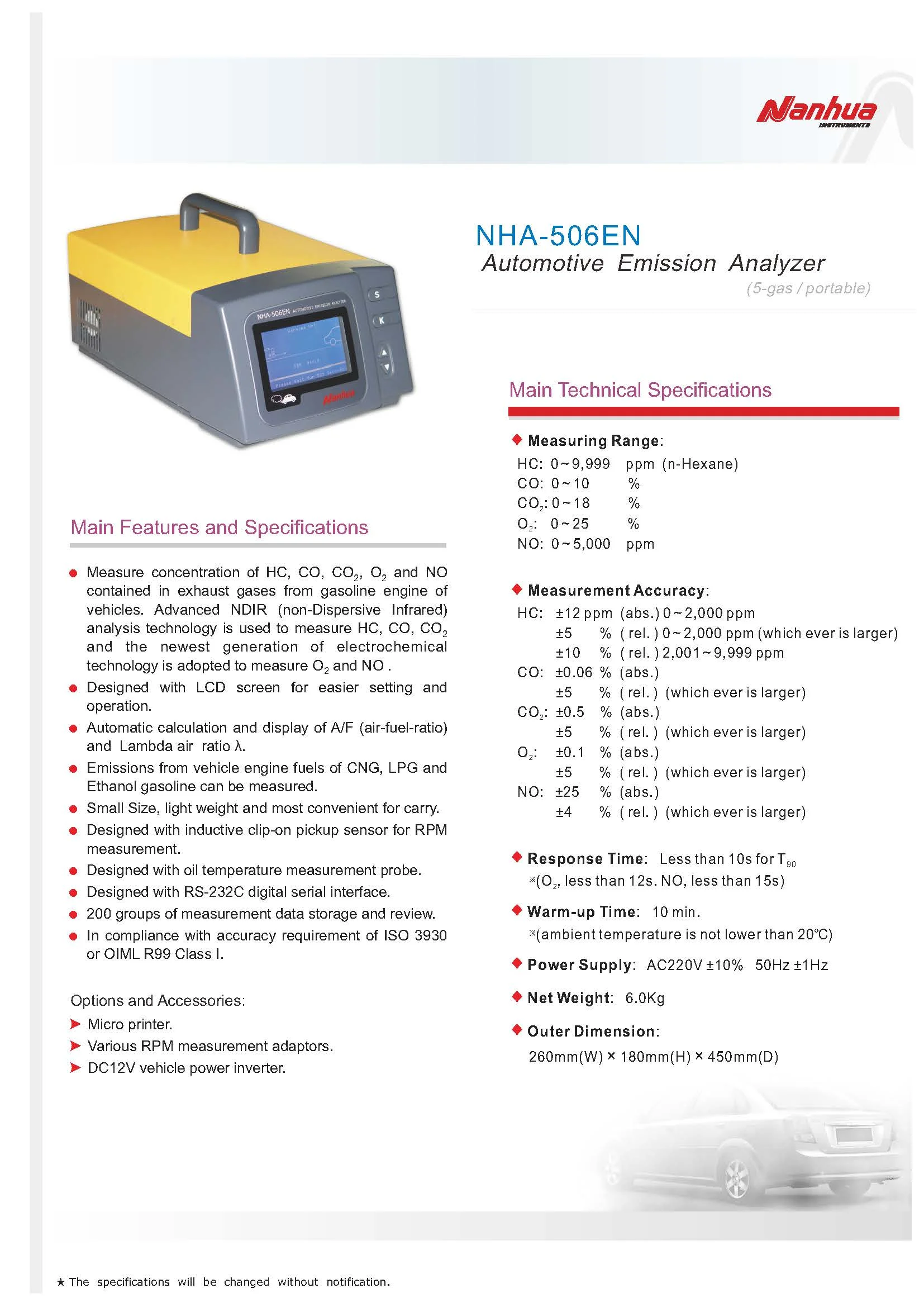 Automobile Portable Engine Exhaust Analyzers For HC/ CO/CO2/O2/NO 5 Gas NHA-506EN 110V/220V  Exhaust Gas Analyzer nha506