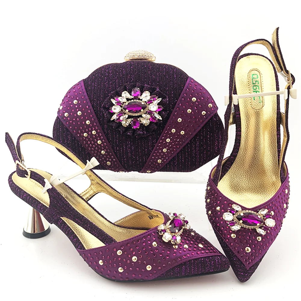 Italian style ladies party shoes with matching bags set flat heel platform shoes decorated with stones  EF39