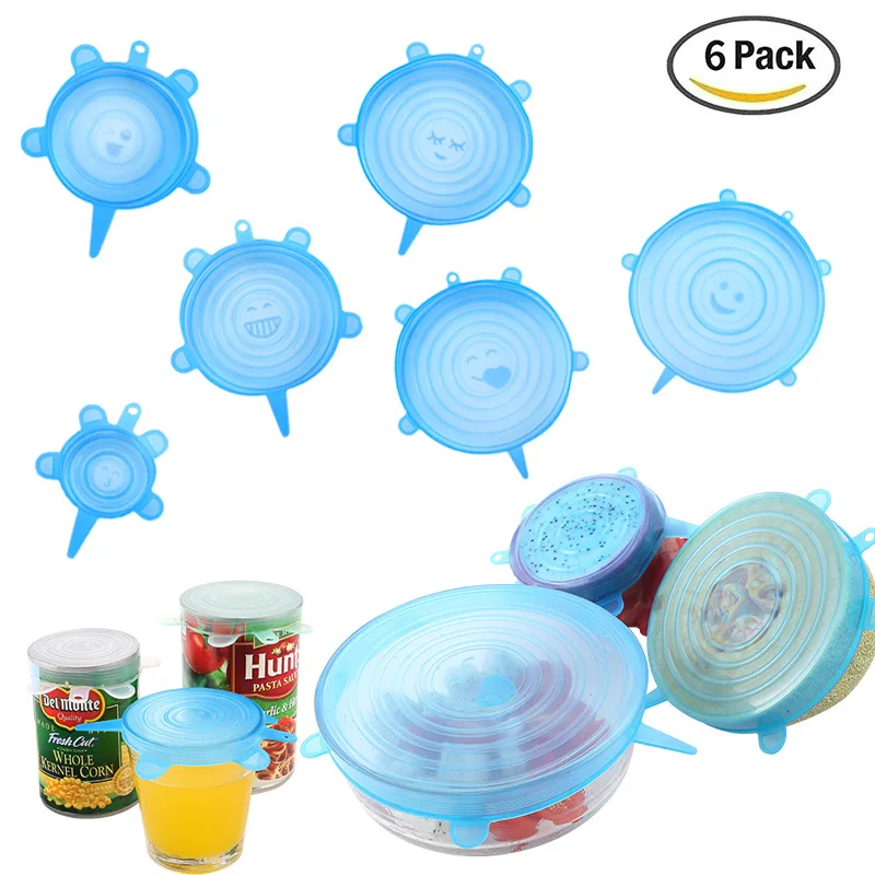 6 pack universal various sizes reusable durable expandable BPA Free flexible stretch silicone lid set for food cans,jars,bowls