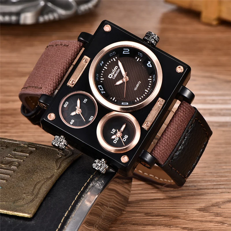 OULM 3595 fashion brown mens quartz watch excel Canvas strap 3 time zone analog display vintage sports popular wrist